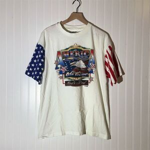 Vintage 90s Merica Patriotic T-Shirt XL USA Flag Sleeves Bald Eagle Tee 1996